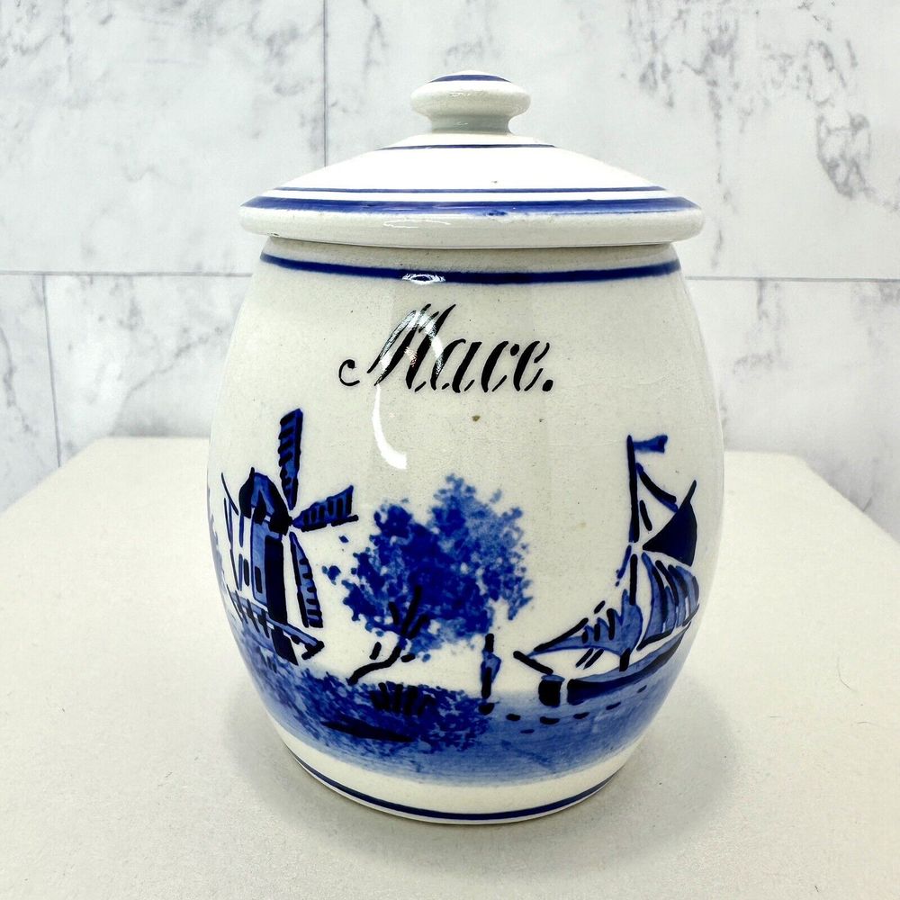 Vintage GMT & Bros. Blue White Delft Style Windmill Porcelain Spice Jar Mace